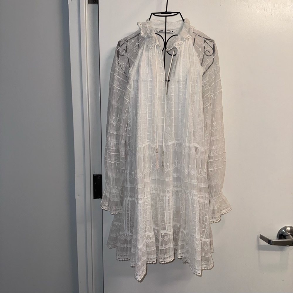 Zara Ivory Flowy Sheer Sleeve Dress With Pearl Tassel Details
